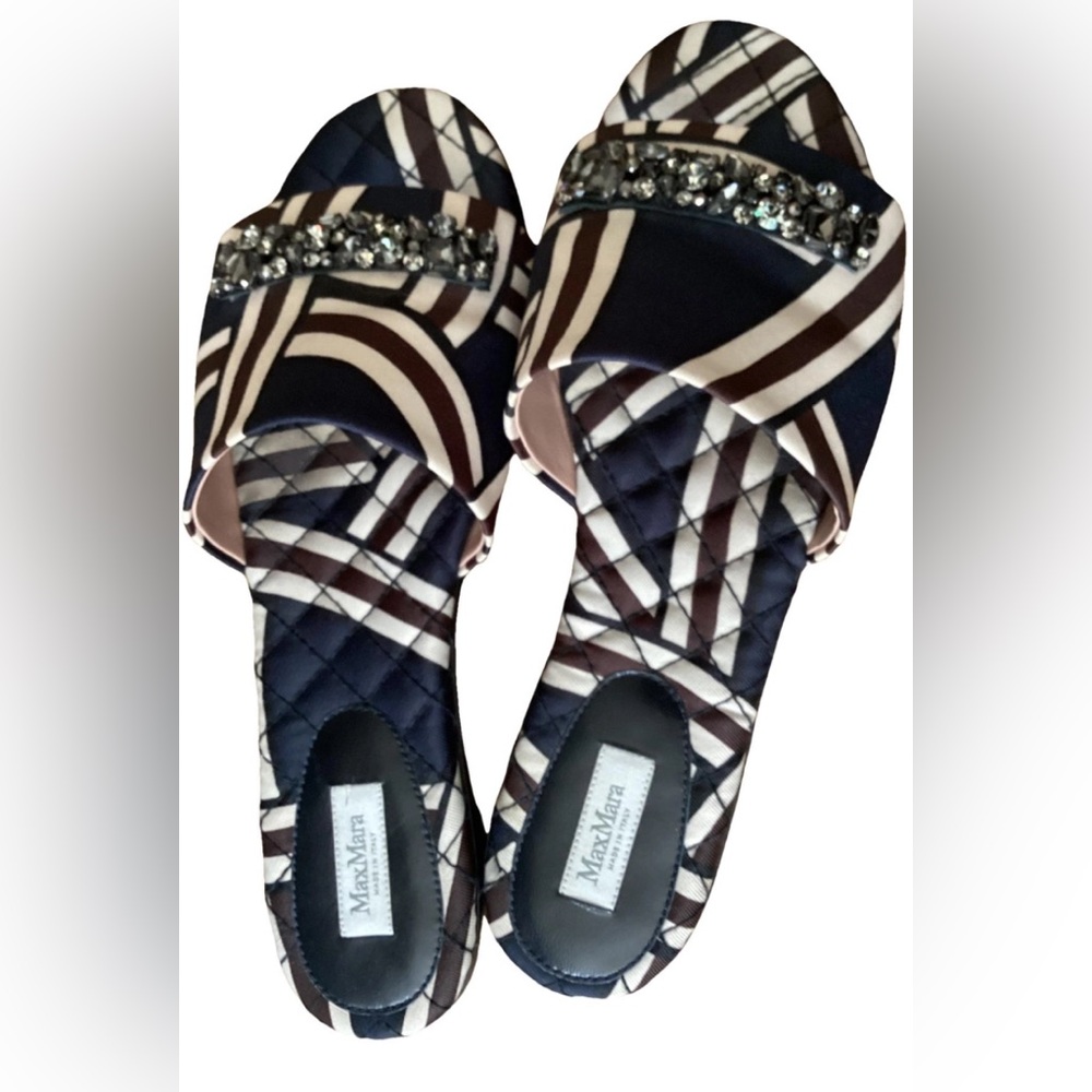 MAX MARA CLOTH EMBELLISHED FLATS SANDALS SLIDES RHINESTONES 39 BEAUTIFUL